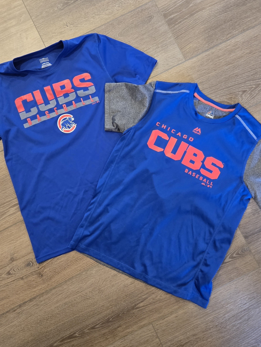 Majestic Cubs Blue Youth Baseball Tee with Pink-Red Logo